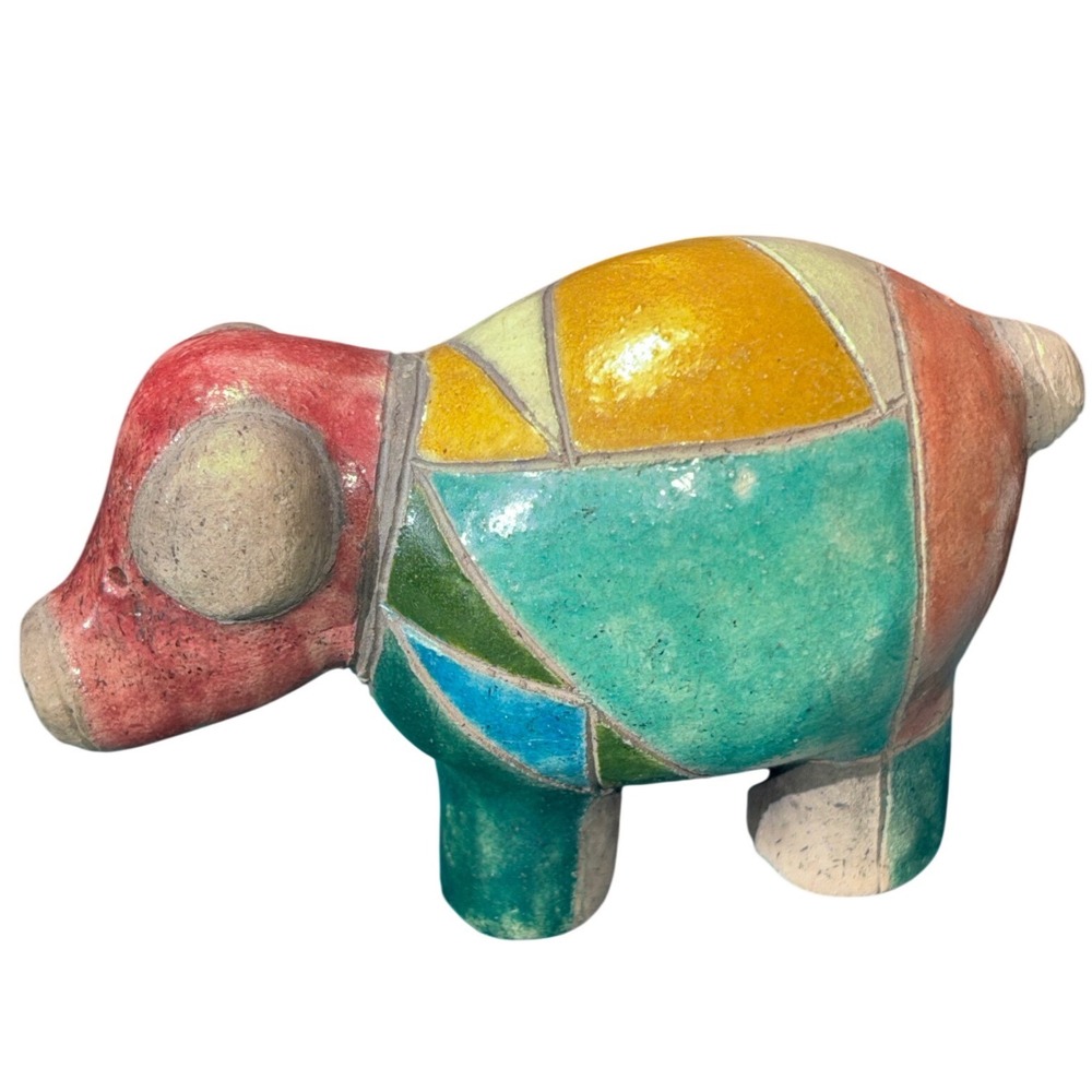 Handmade South Africa Hippo Pig Figurine Raku Multicolor Geometric Art